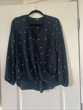 West Kei Navy Wrap Blouse with Pink Dot Print